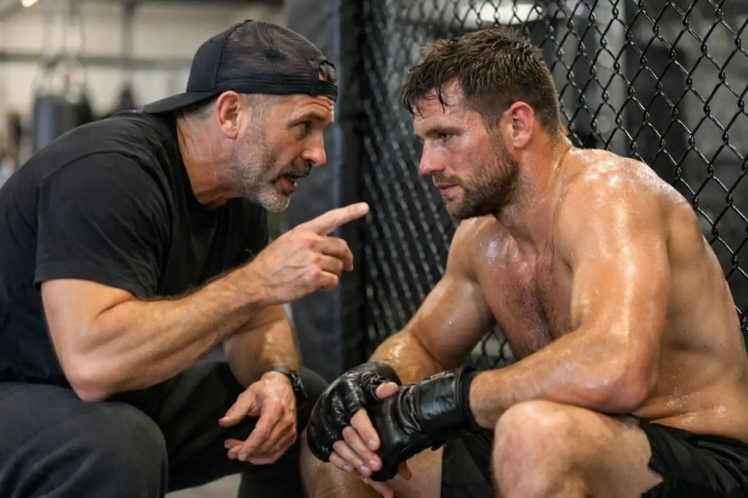 MMA coach giving instructions to fighter in gym