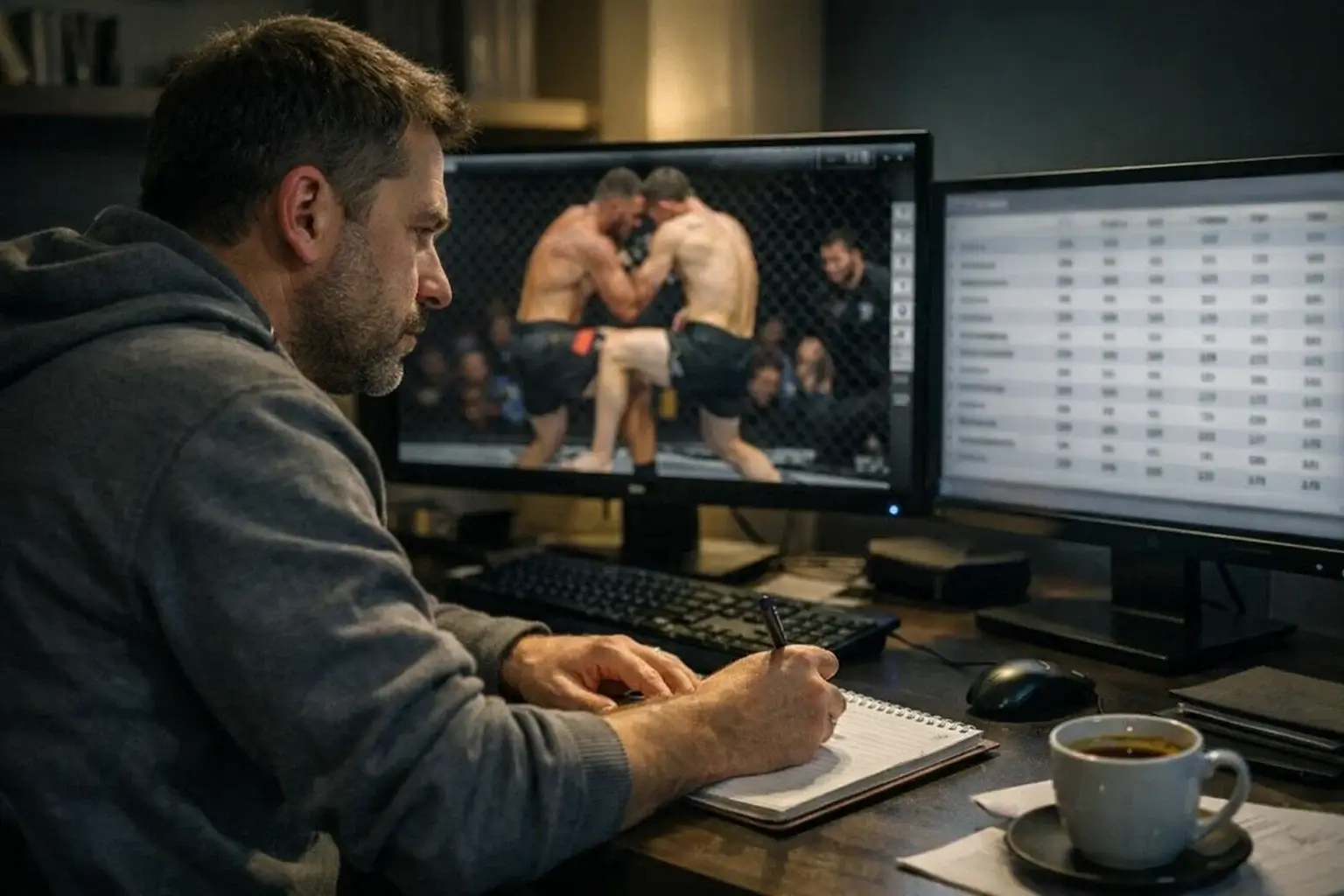 Person reviewing MMA fight footage on multiple screens
