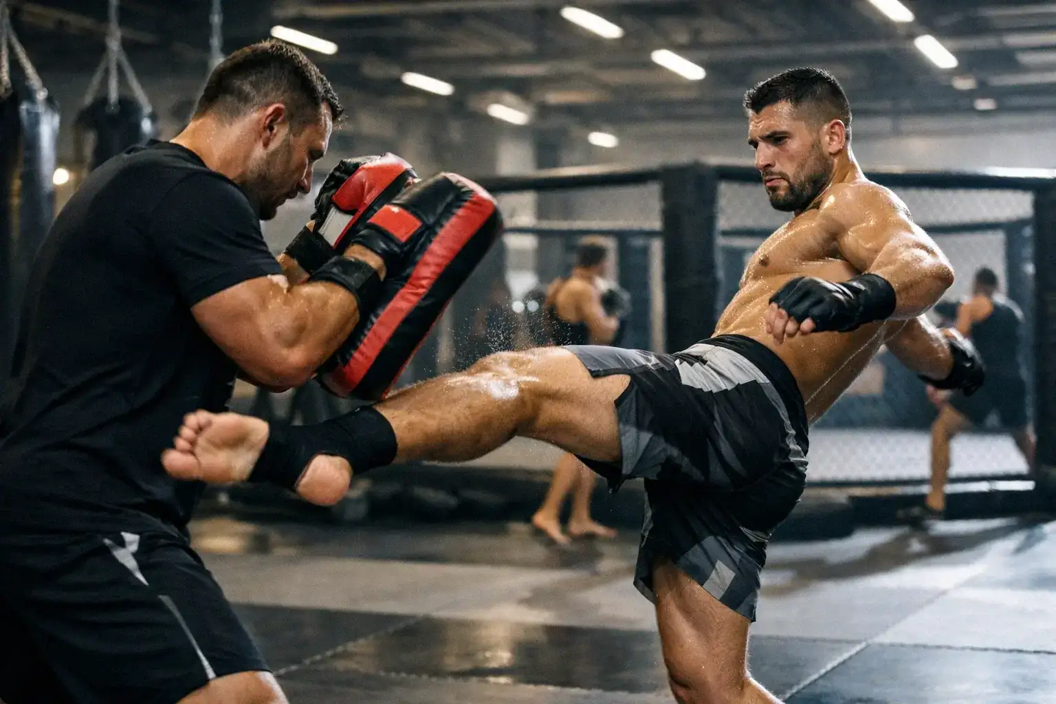 MMA fighter training striking technique with coach in professional gym