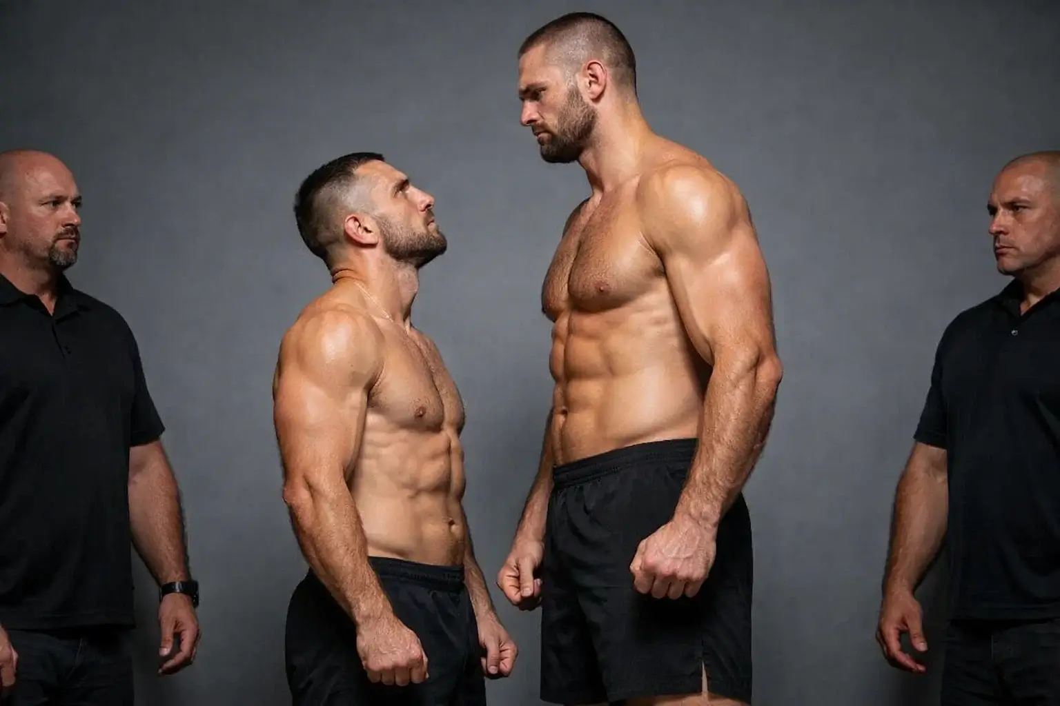 Two UFC fighters at weigh-in showing height and reach difference