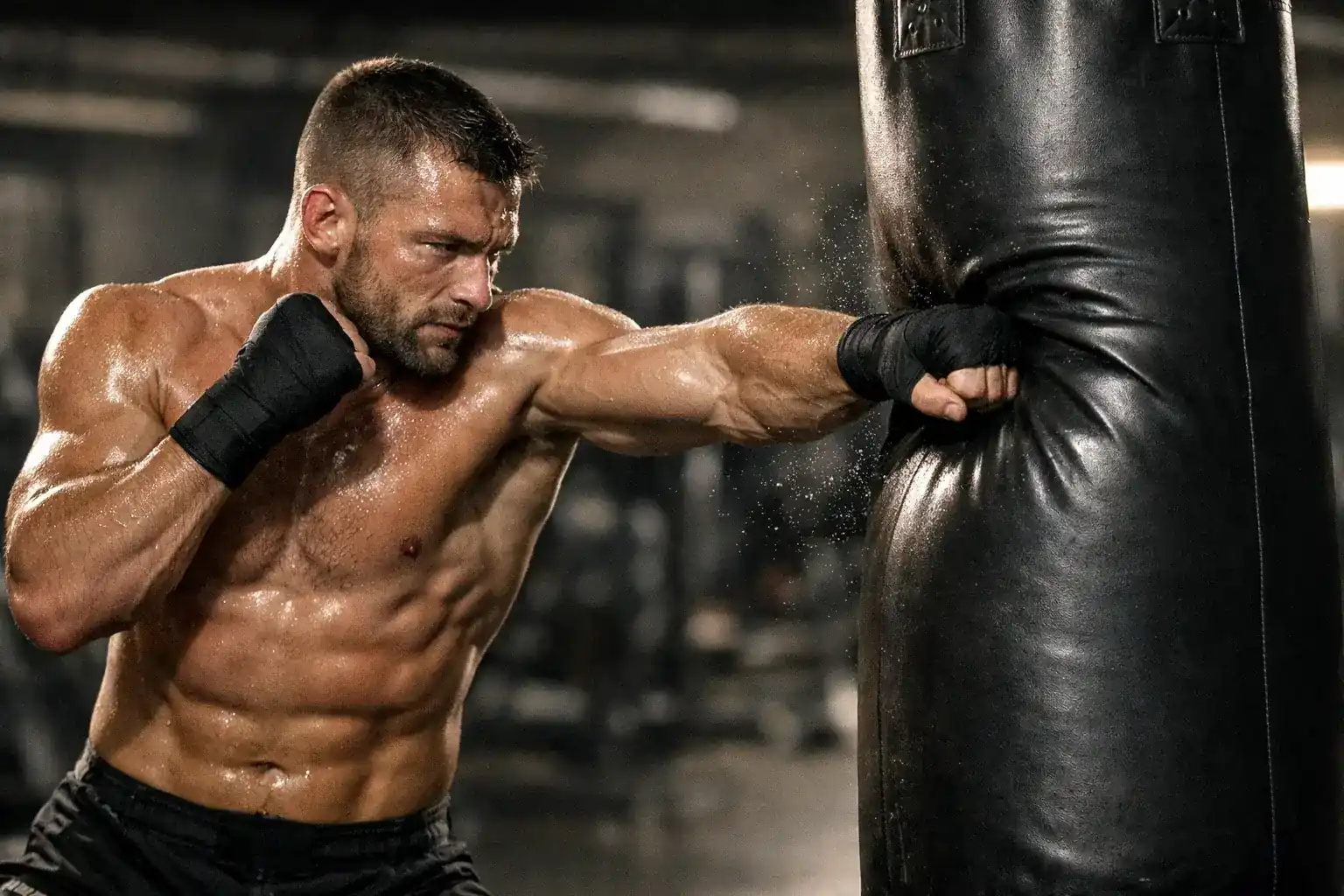MMA fighter throwing a punch during training on heavy bag