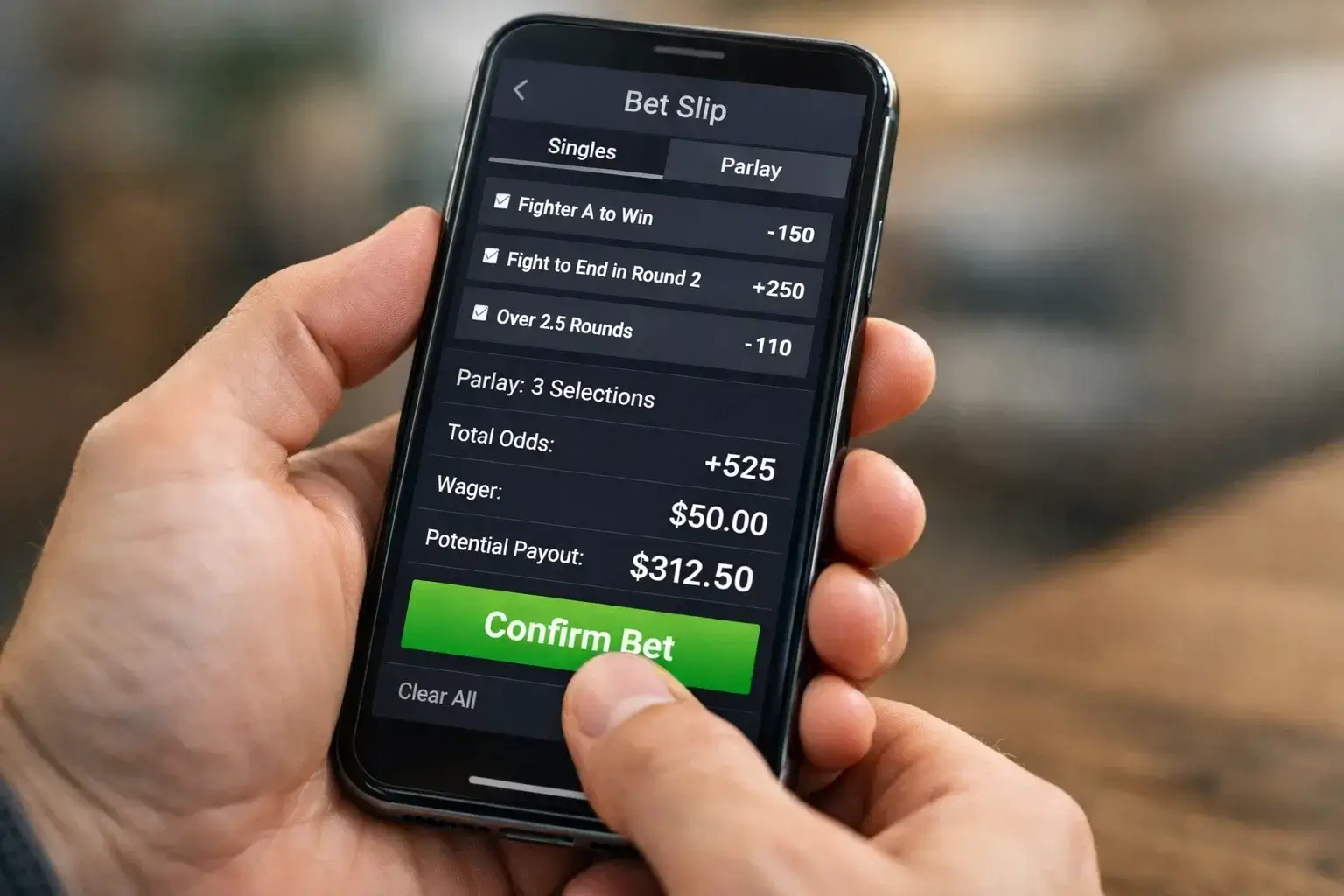 Hand holding smartphone with betting app interface open