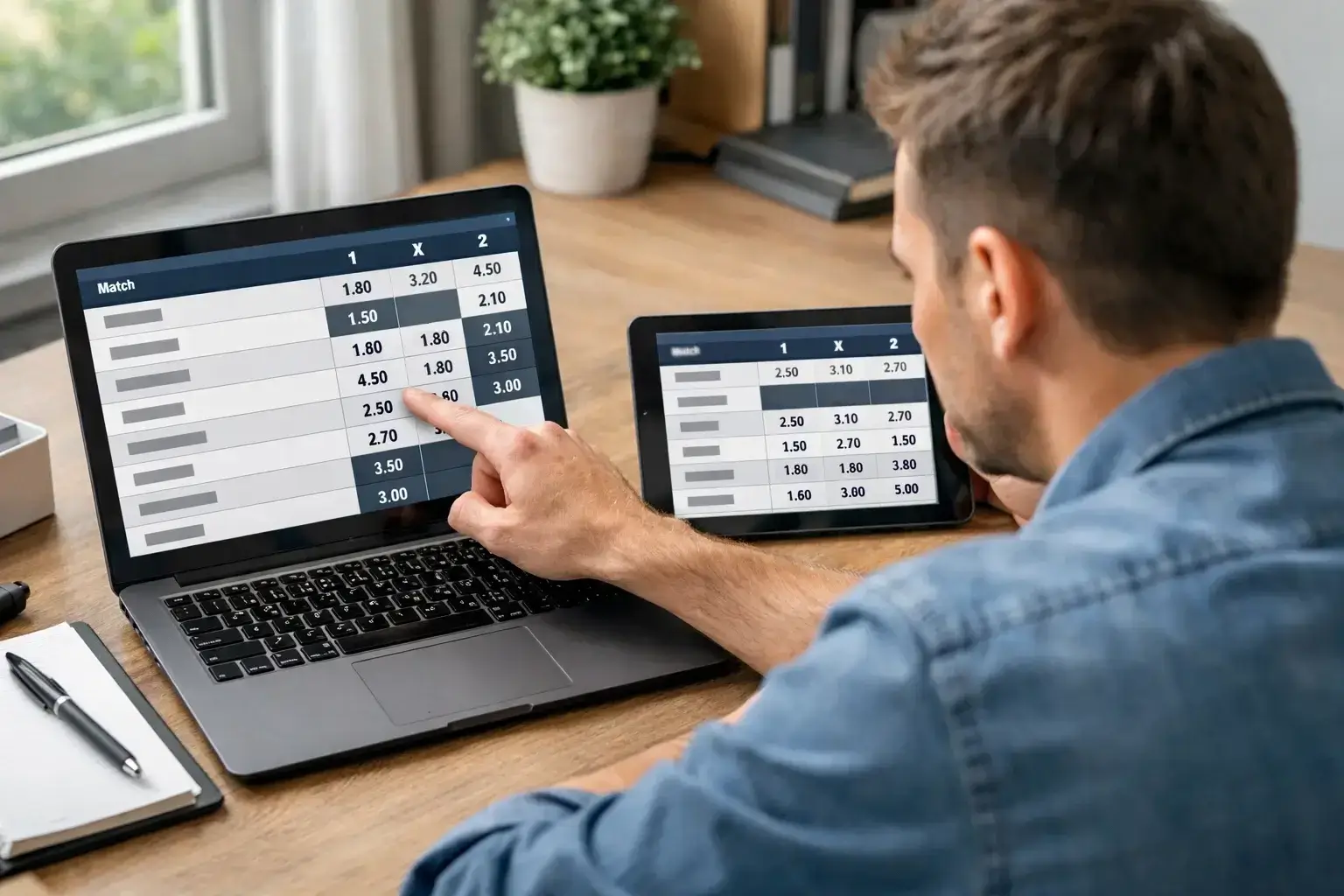 Person comparing betting odds on laptop and tablet screens