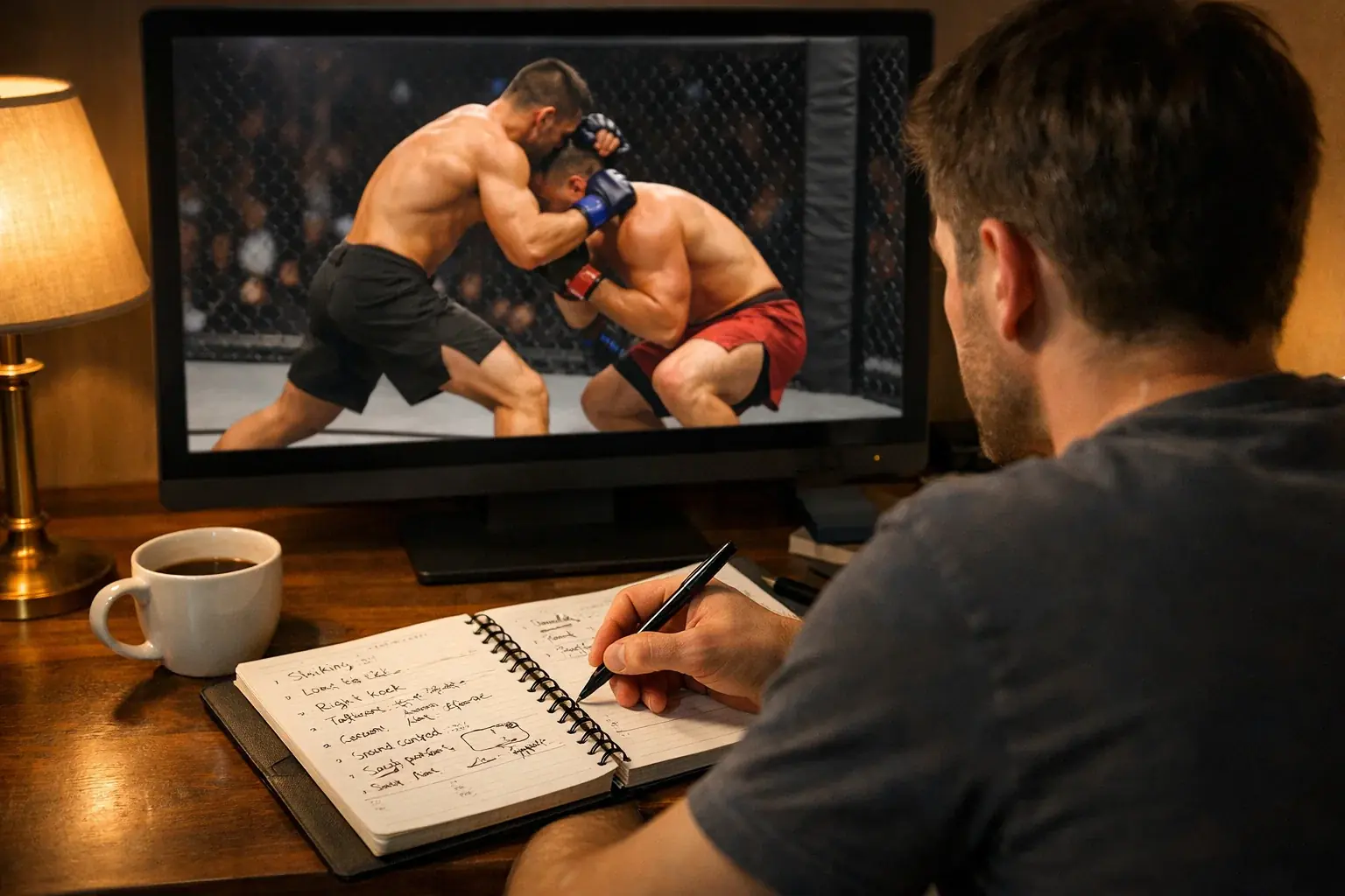 Person taking notes while watching UFC fight footage