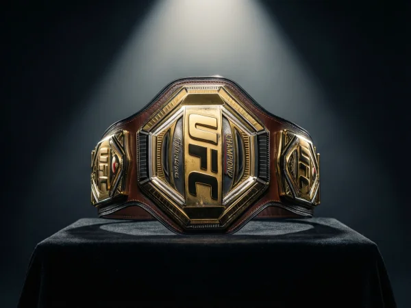 UFC championship belt displayed on a podium
