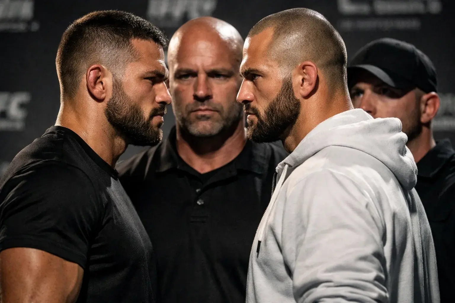 Two elite UFC fighters in intense staredown before main event