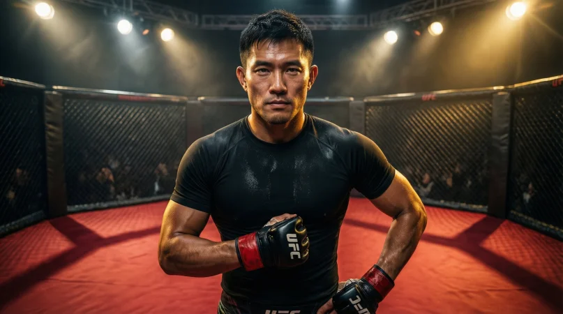 UFC fighter in the octagon under dramatic spotlight