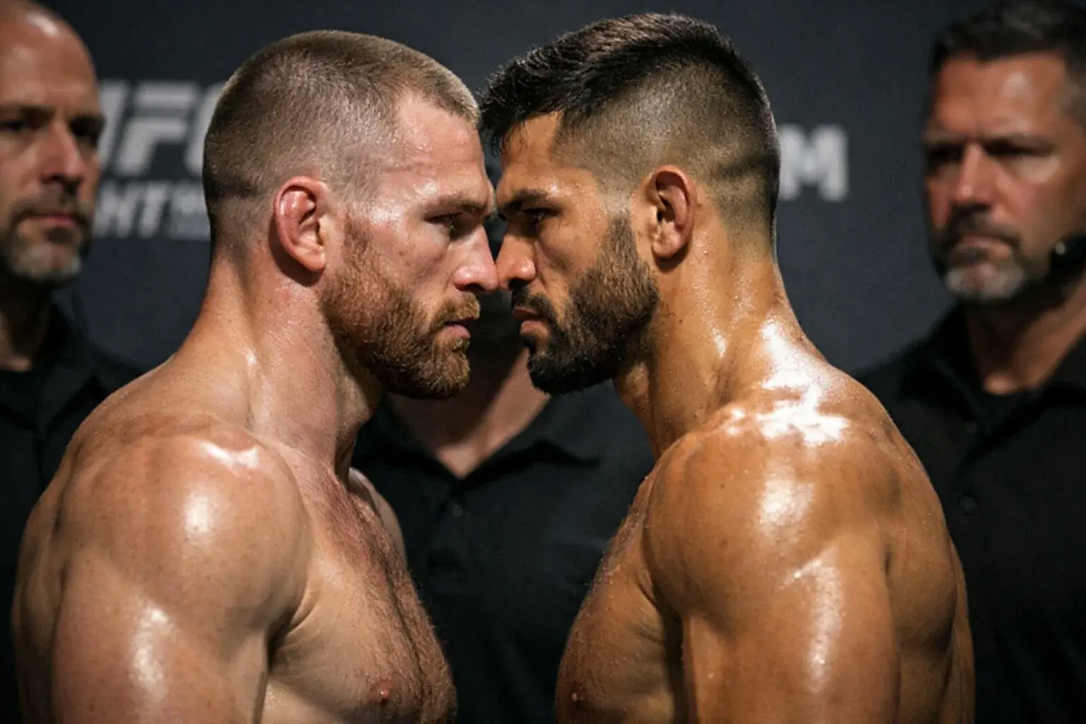 Two MMA fighters facing off at weigh-in ceremony