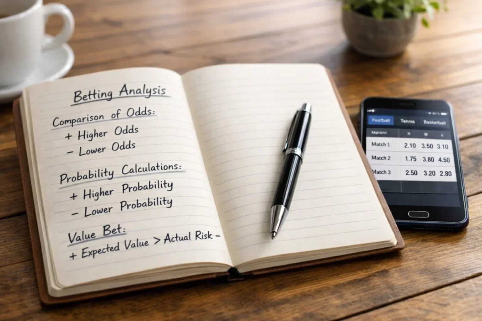 Notebook with betting analysis and odds comparison