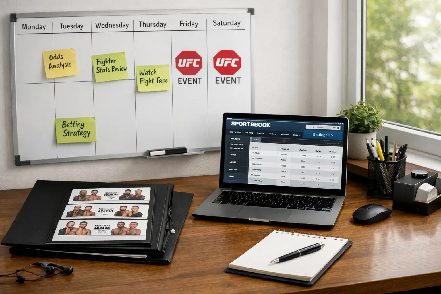 Organized desk with weekly betting schedule and notes